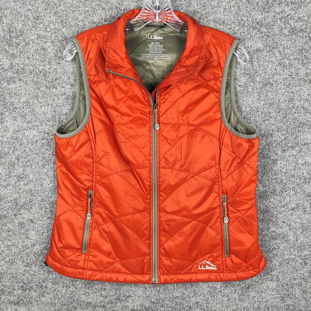 L.L.Bean Vest Womens Petite Medium Orange Quilted Insulated Zip Pockets Outdoor